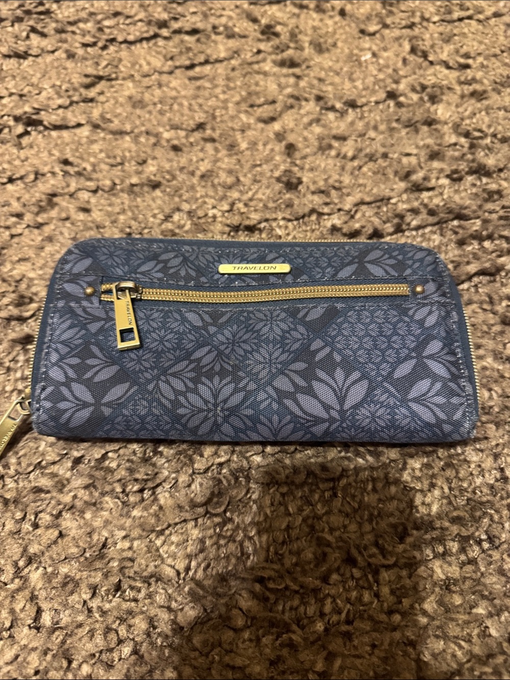 Travelon Navy Floral Zip Wallet with Gold Accents